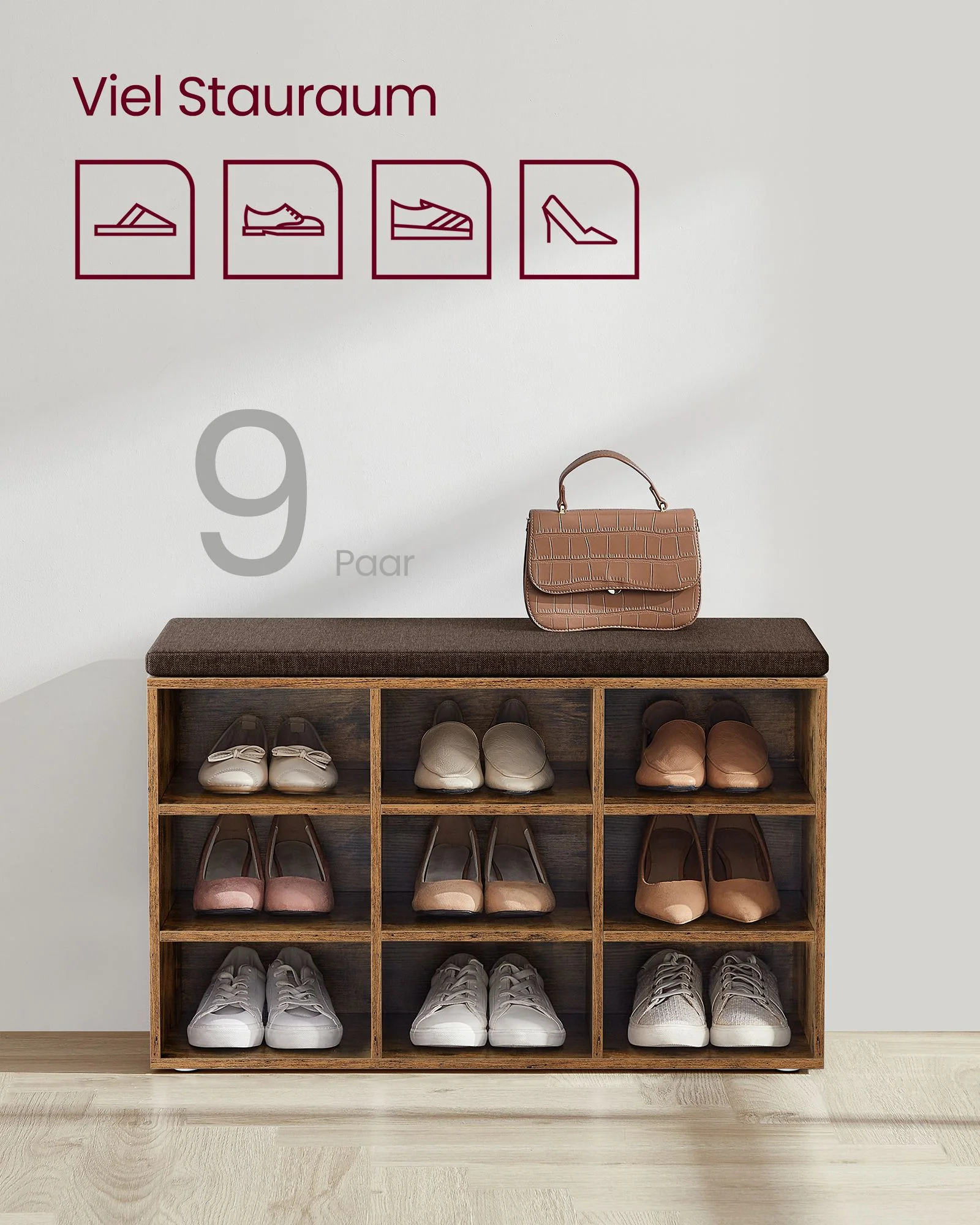 Opbergkisten – Schoenenbank met Opbergruimte – 9 Vakken – Verstelbare Planken – 30,3 x 78,5 x 48 cm – Spaanplaat – Schuim – Linnenlook Bekleding – Max. Belastbaarheid 136 kg - Image 4
