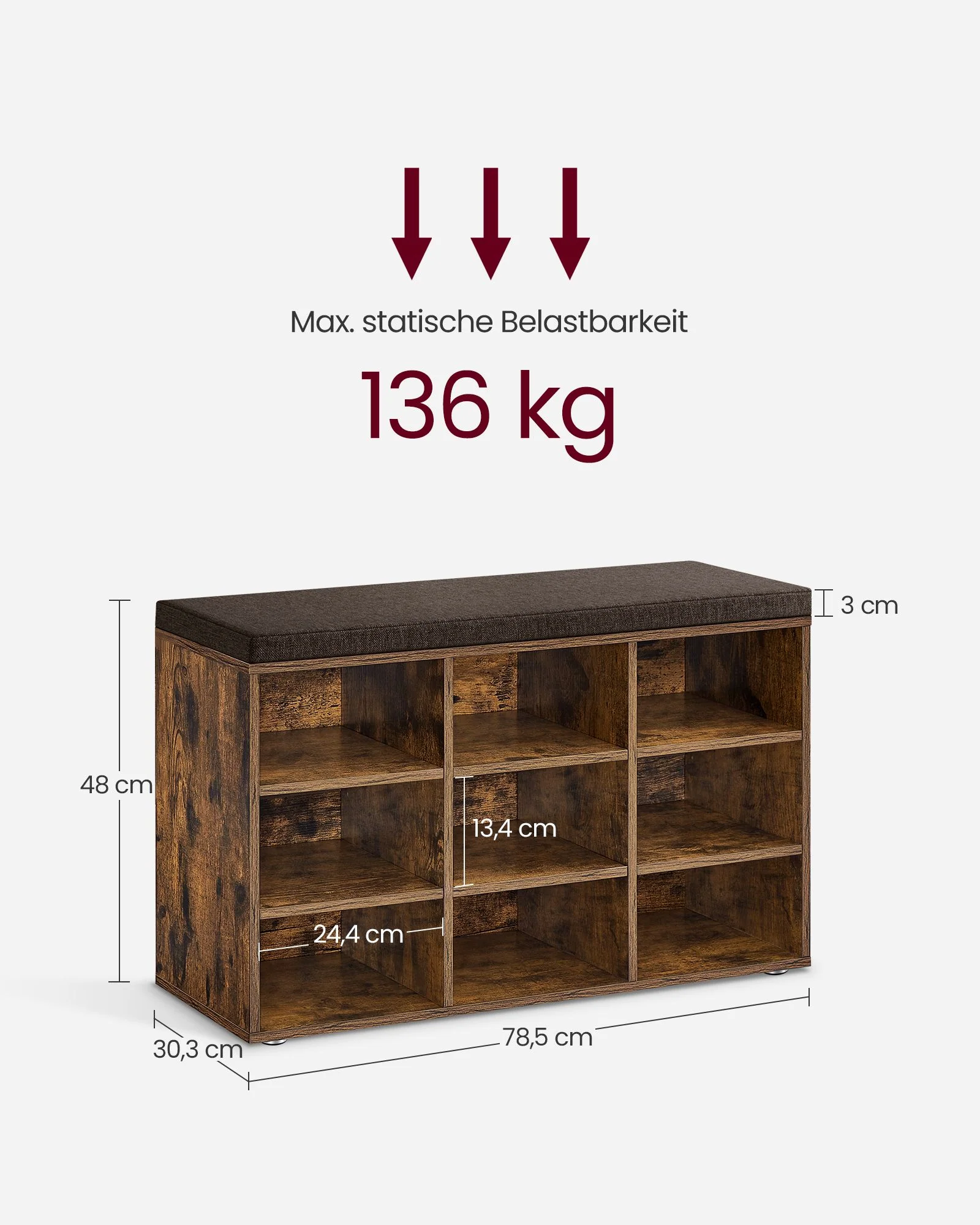 Opbergkisten – Schoenenbank met Opbergruimte – 9 Vakken – Verstelbare Planken – 30,3 x 78,5 x 48 cm – Spaanplaat – Schuim – Linnenlook Bekleding – Max. Belastbaarheid 136 kg - Image 7