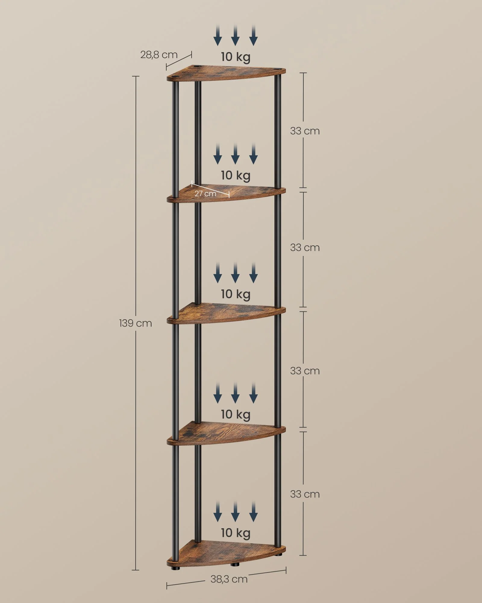 Opbergplank – Hoekplank – 5 niveaus – Spaanplaat en staal – 38,3 x 27 x 139 cm – Maximale belasting 50 kg - Image 5