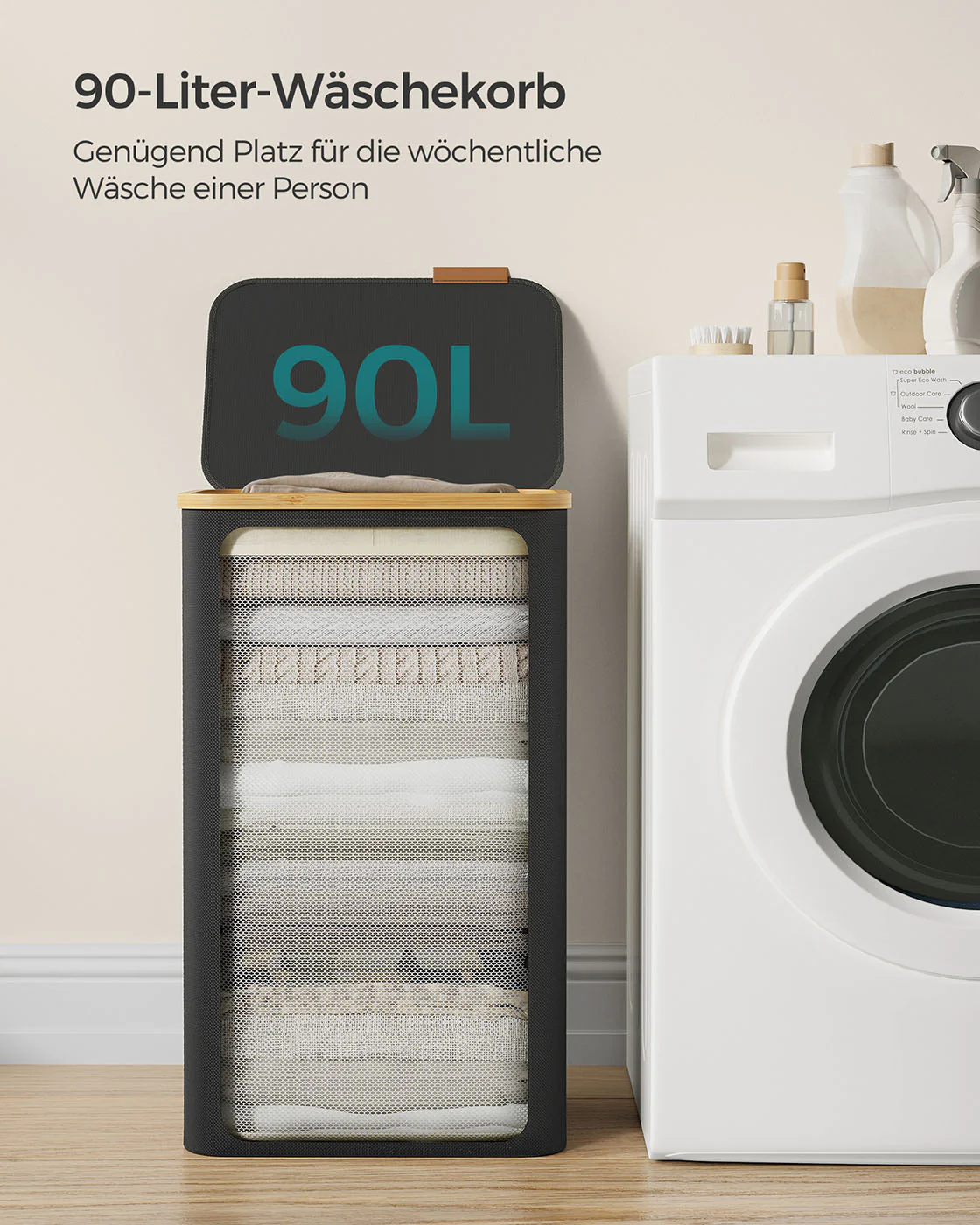 Wasmand – 90 liter – Uitneembare waszak – Opvouwbaar – Oxfordstof – Bamboe handvatten – 42 x 32 x 70,5 cm – 1,5 kg - Image 2