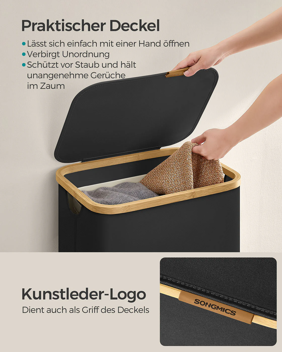 Wasmand – 90 liter – Uitneembare waszak – Opvouwbaar – Oxfordstof – Bamboe handvatten – 42 x 32 x 70,5 cm – 1,5 kg - Image 3