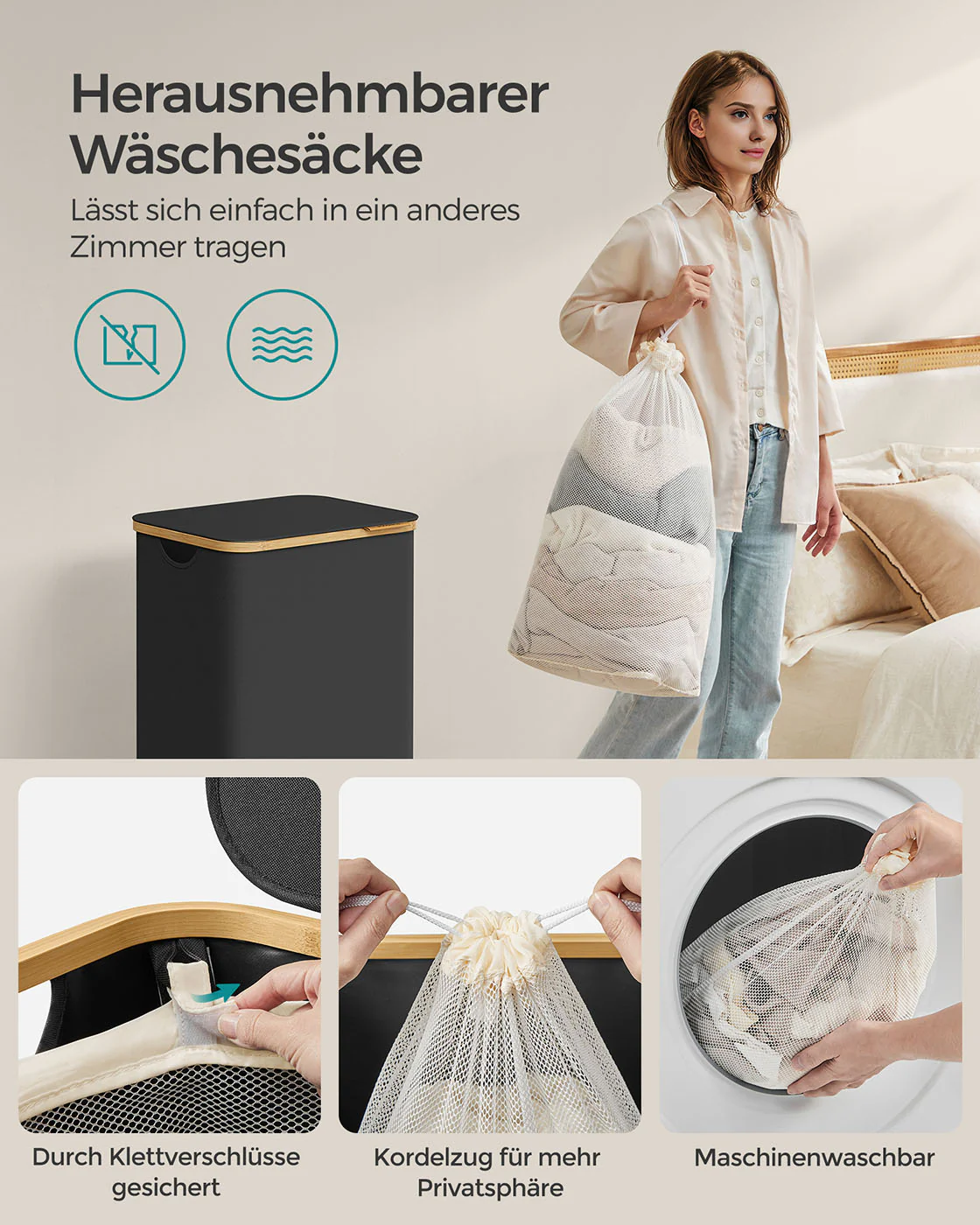 Wasmand – 90 liter – Uitneembare waszak – Opvouwbaar – Oxfordstof – Bamboe handvatten – 42 x 32 x 70,5 cm – 1,5 kg - Image 4