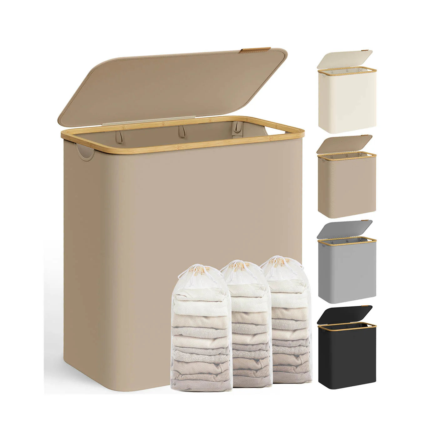 Wasmand – 3 Compartimenten – Deksel – Opvouwbaar – Oxfordstof – Bamboe handvatten – 60 x 38,5 x 70,5 cm – 2,4 kg – 20 kg belasting - Image 10