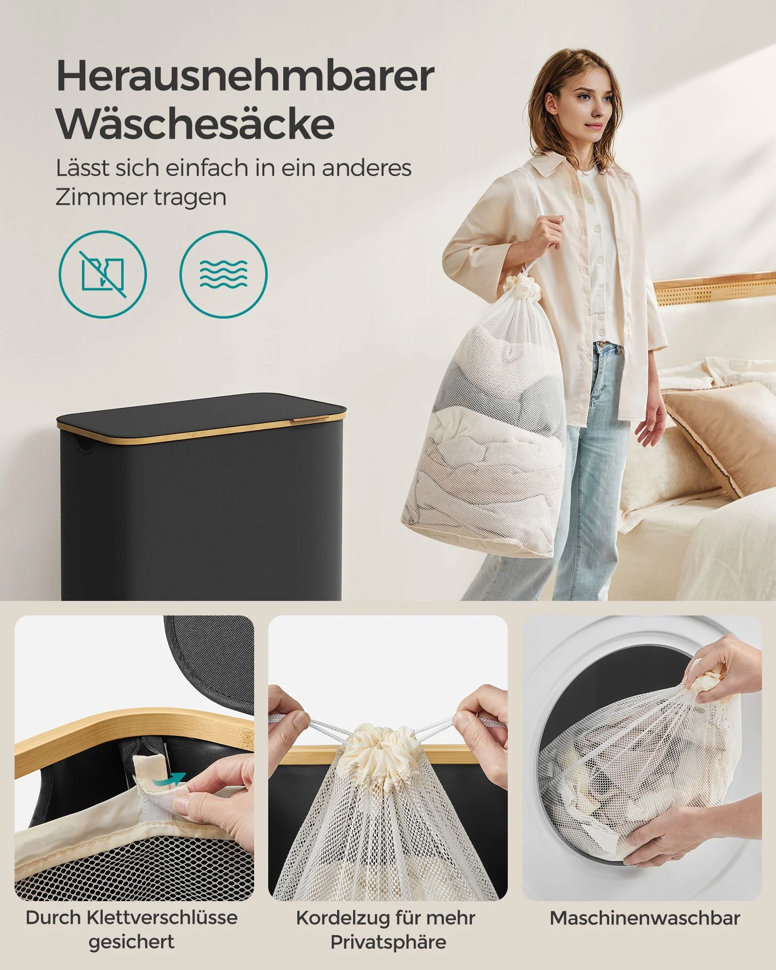Wasmand – 3 Compartimenten – Deksel – Opvouwbaar – Oxfordstof – Bamboe handvatten – 60 x 38,5 x 70,5 cm – 2,4 kg – 20 kg belasting - Image 4
