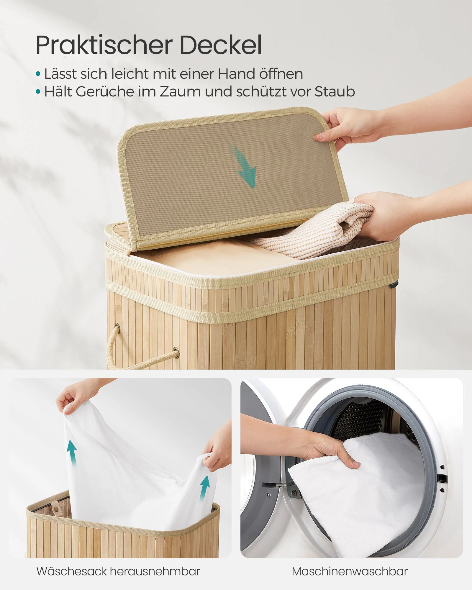 Wasmand met deksel – 100 liter – Bamboe – Uitneembare waszak – Handvatten - Image 2