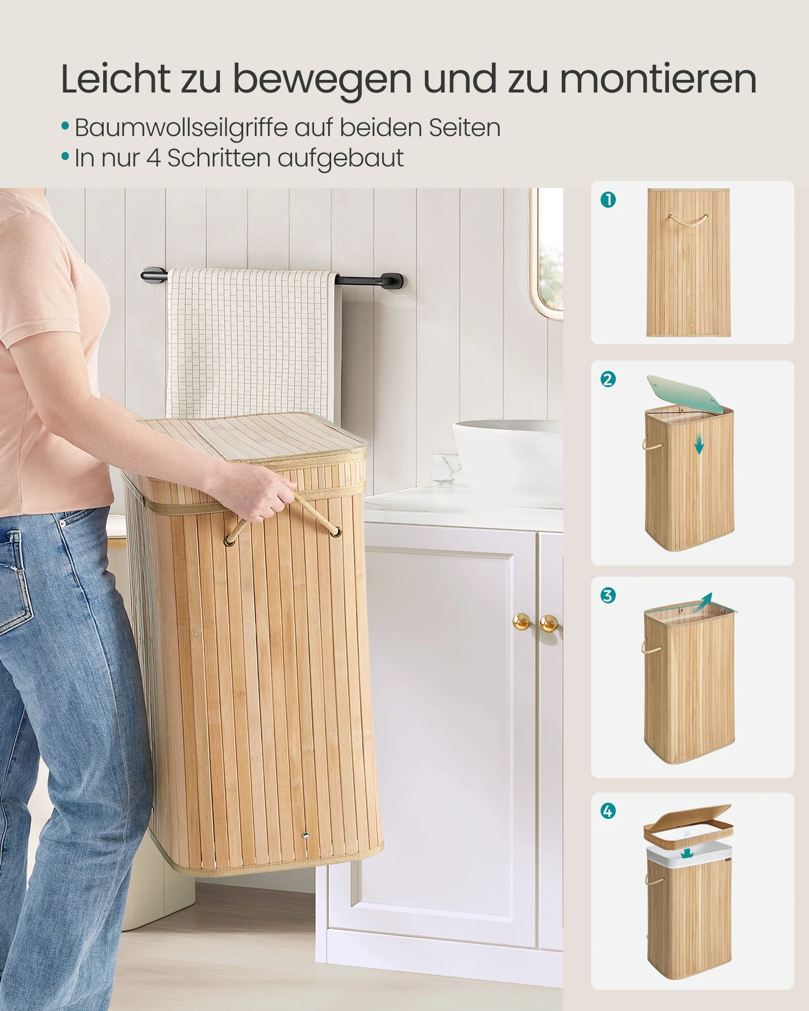 Wasmand met deksel – 100 liter – Bamboe – Uitneembare waszak – Handvatten - Image 5