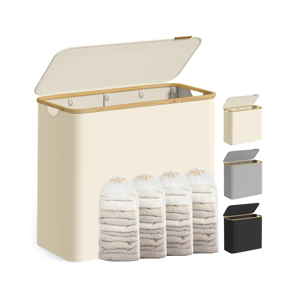 Wasmand – Opvouwbaar – Uitneembare waszak – Oxfordstof – Bamboe handvatten - Image 8