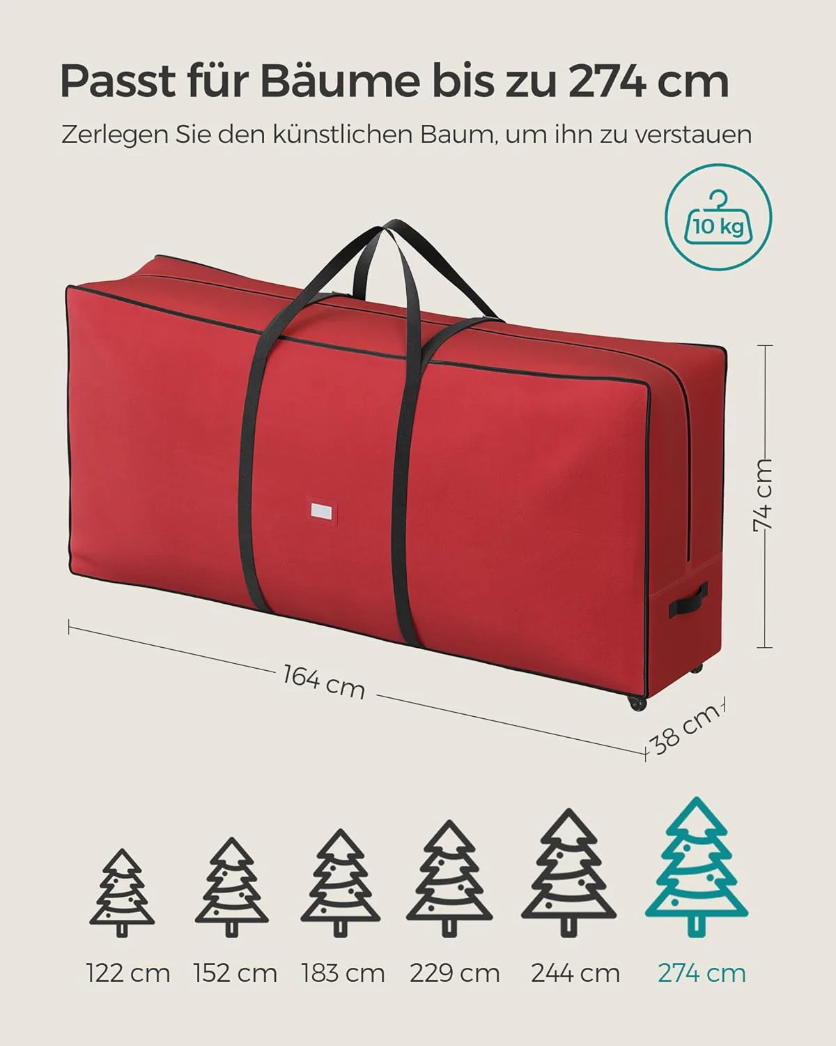 Opbergtas Voor Kerstboom Met Wielen – Stevig Oxford-Weefsel – Dubbele Rits – Voor Bomen Tot 274 cm - Image 4