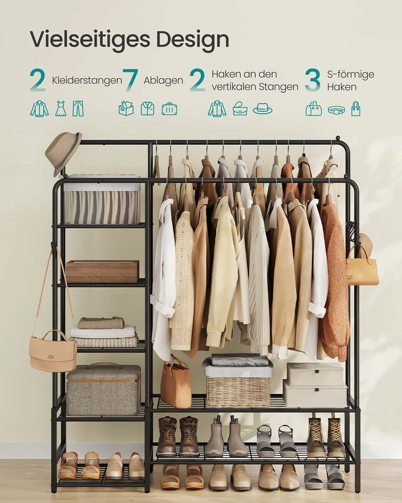 Open Kledingrek met 2 Kledingroedes en 7 Planken – Industriële Stijl – Metaal – Grote Capaciteit - Image 3