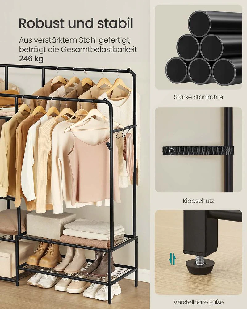 Open Kledingrek met 2 Kledingroedes en 7 Planken – Industriële Stijl – Metaal – Grote Capaciteit - Image 4