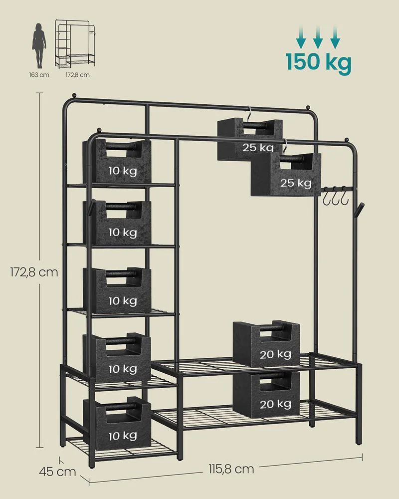 Open Kledingrek met 2 Kledingroedes en 7 Planken – Industriële Stijl – Metaal – Grote Capaciteit - Image 5