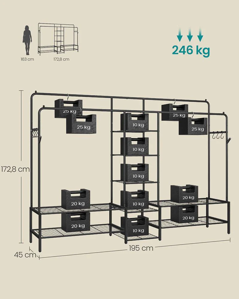 Open Kledingrek met 2 Kledingroedes en 7 Planken – Industriële Stijl – Metaal – Grote Capaciteit - Image 6