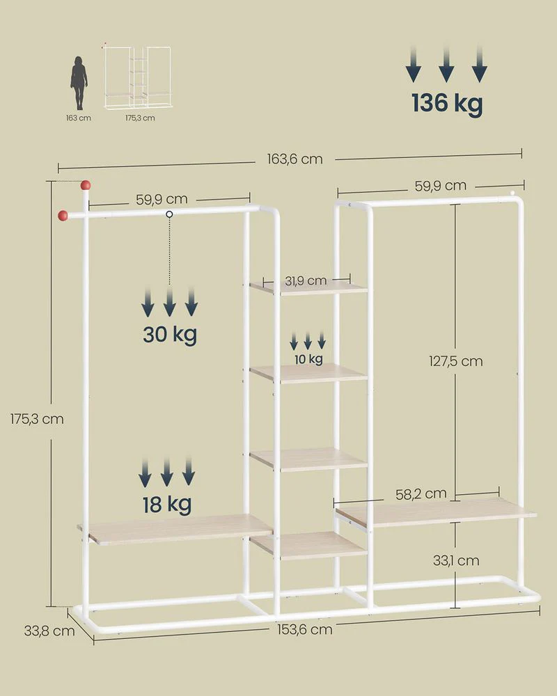 Open Kledingrek met Kapstokhaken – Industrieel Kledingrek met Legplanken – 2 Hangroedes – Tot 136 kg draagkracht - Image 7