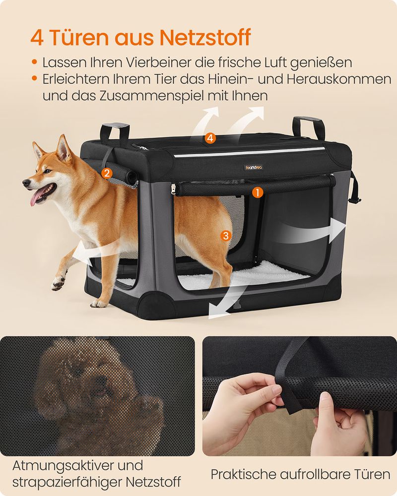 Opvouwbare Hondenbench 76 cm – Draagbare Honden Reistas met Gaasdeuren & Sherpa Kussen – Zwart – Tot 25 kg - Image 4