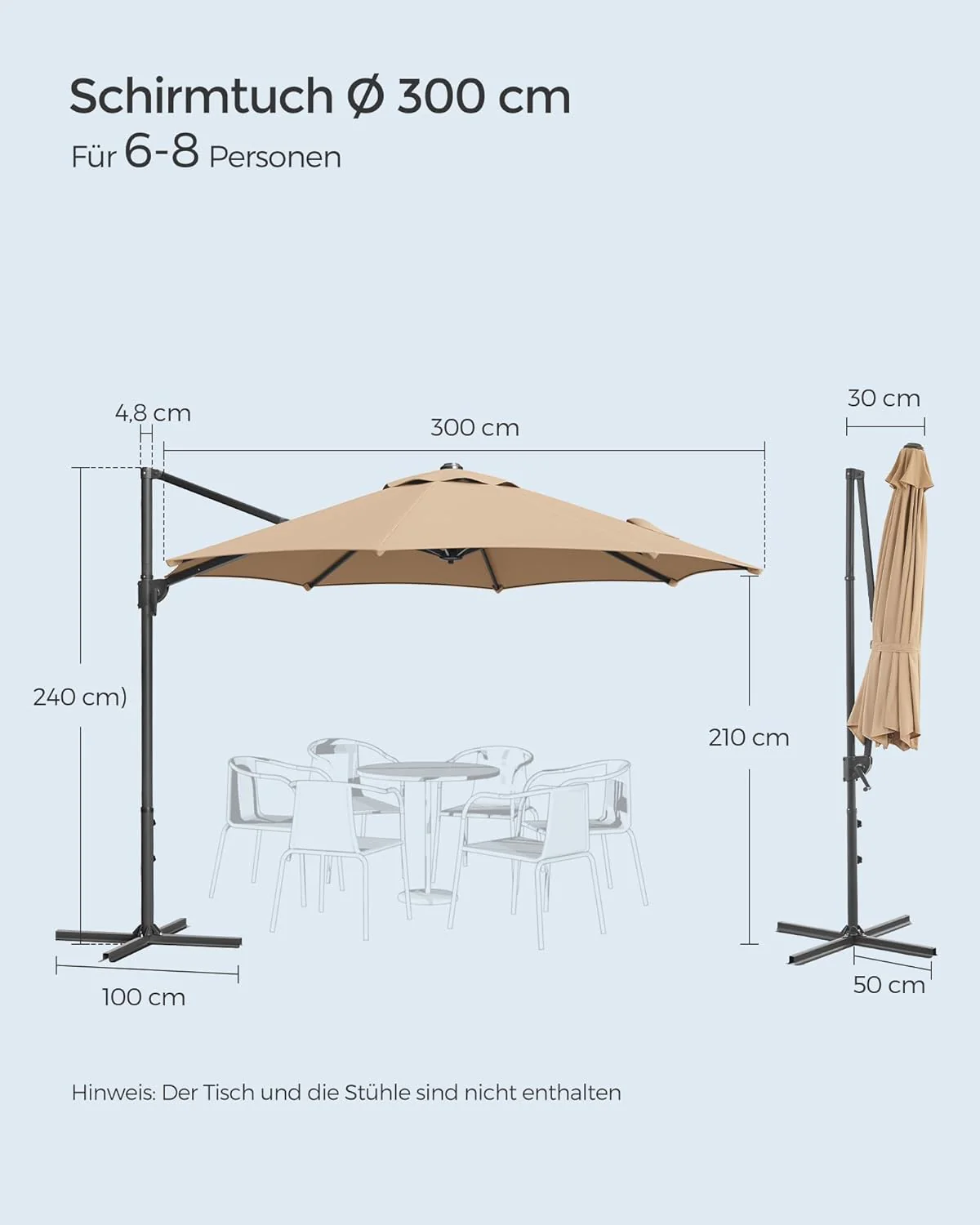 Zweefparasol 300 cm – 360° Draaibaar – Traploos Kantelbaar – UPF 50+ – Met Zwengel En Kruisvoet - Image 6