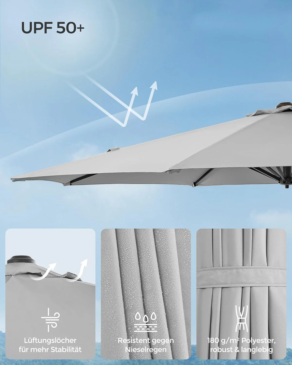 Zweefparasol 300 cm – 360° Draaibaar – Traploos Kantelbaar – UPF 50+ – Met Zwengel En Kruisvoet - Image 7
