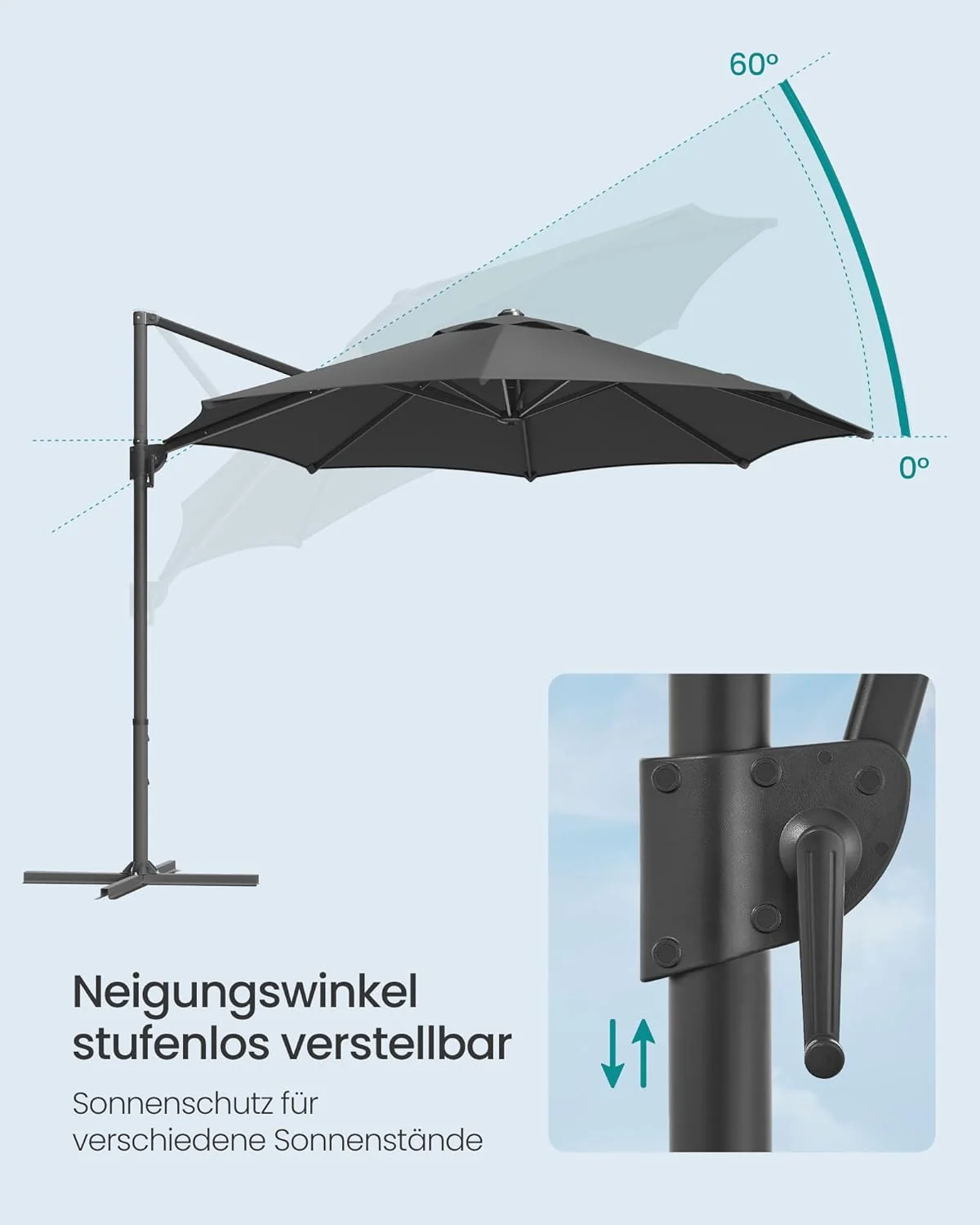 Zweefparasol 300 cm – 360° Draaibaar – Traploos Kantelbaar – UPF 50+ – Met Zwengel En Kruisvoet - Image 8