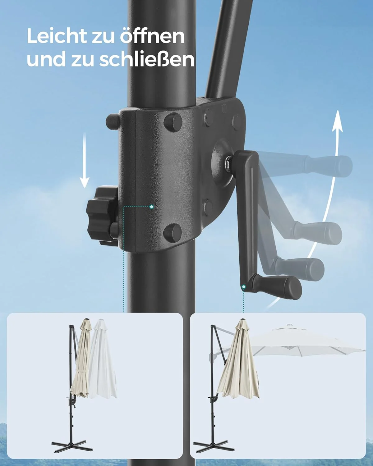 Zweefparasol 300 cm – 360° Draaibaar – Traploos Kantelbaar – UPF 50+ – Met Zwengel En Kruisvoet - Image 9