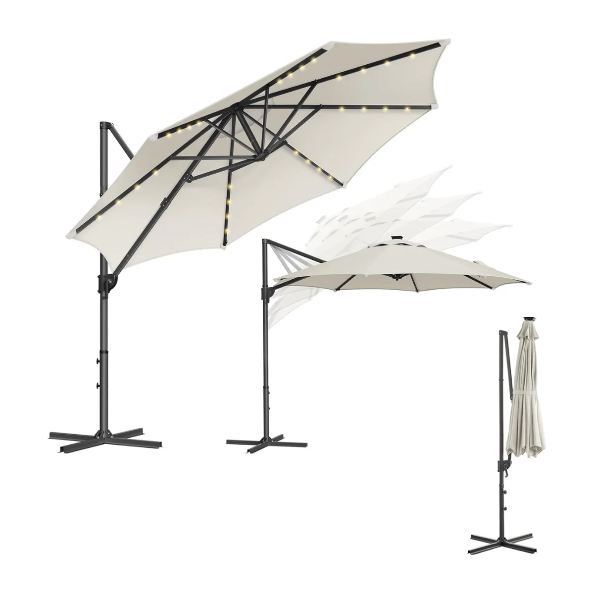 Zweefparasol 300 cm Met LED Solarverlichting – 360° Draaibaar – Traploos Kantelbaar – UPF 50+ – Met Zwengel En Kruisvoet - Image 3