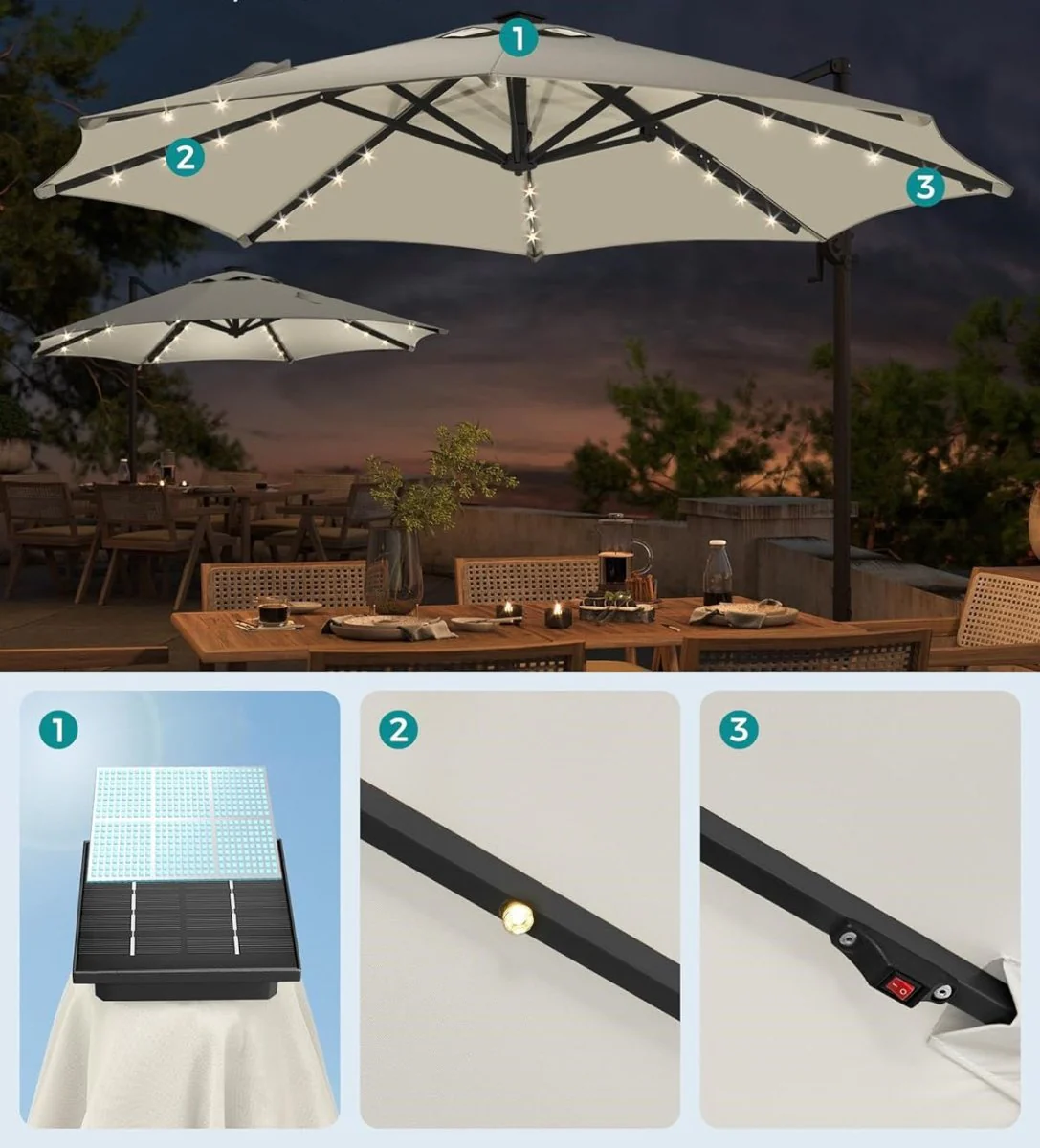 Zweefparasol 300 cm Met LED Solarverlichting – 360° Draaibaar – Traploos Kantelbaar – UPF 50+ – Met Zwengel En Kruisvoet - Image 4