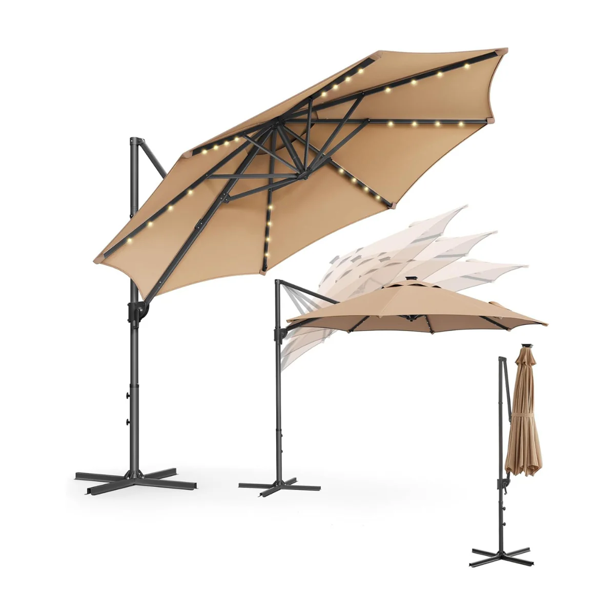Zweefparasol 300 cm Met LED Solarverlichting – 360° Draaibaar – Traploos Kantelbaar – UPF 50+ – Met Zwengel En Kruisvoet - Image 5