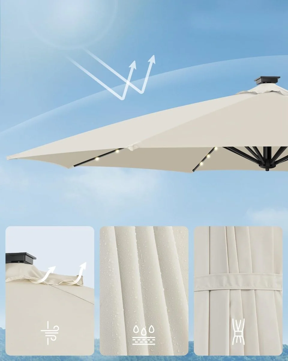 Zweefparasol 300 cm Met LED Solarverlichting – 360° Draaibaar – Traploos Kantelbaar – UPF 50+ – Met Zwengel En Kruisvoet - Image 6