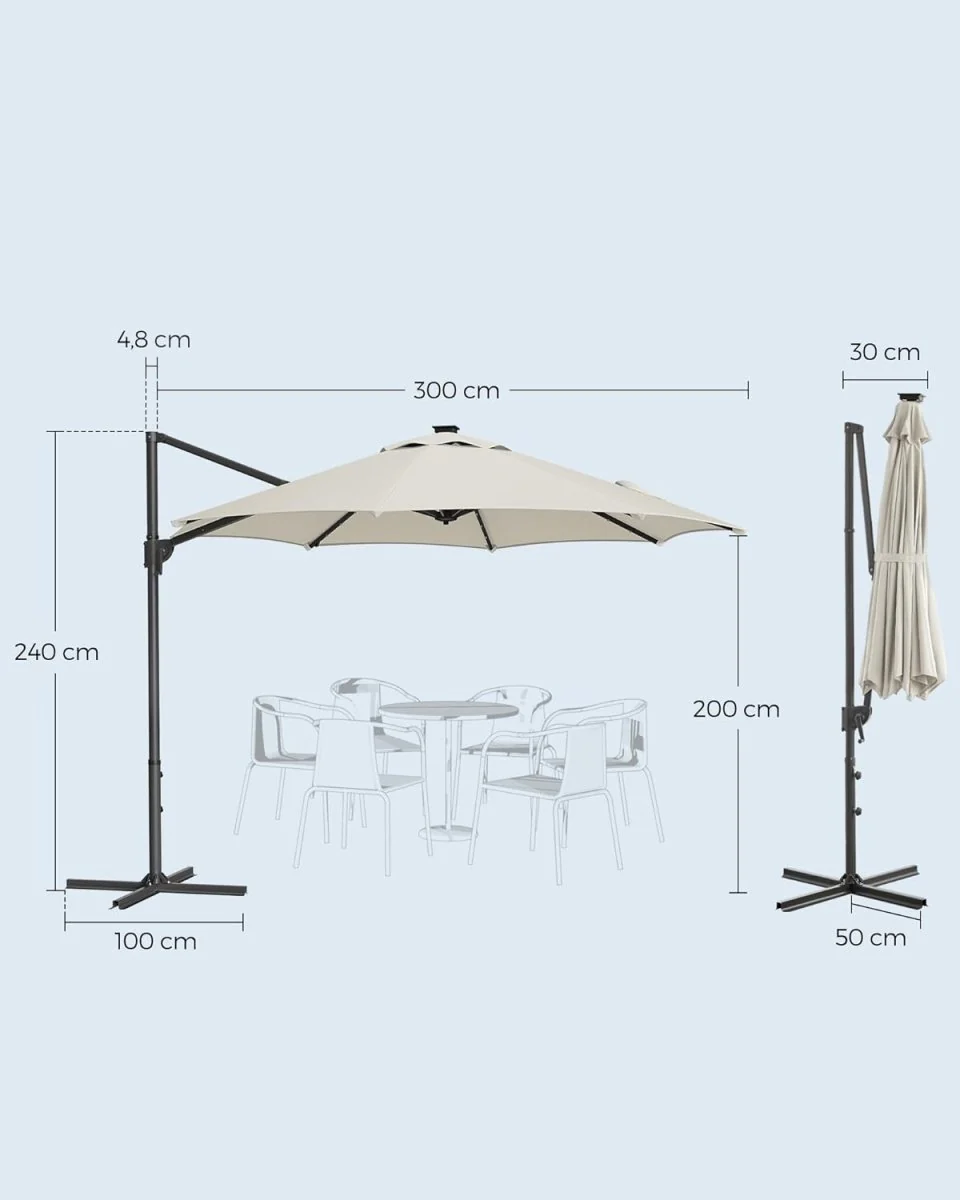Zweefparasol 300 cm Met LED Solarverlichting – 360° Draaibaar – Traploos Kantelbaar – UPF 50+ – Met Zwengel En Kruisvoet - Image 7