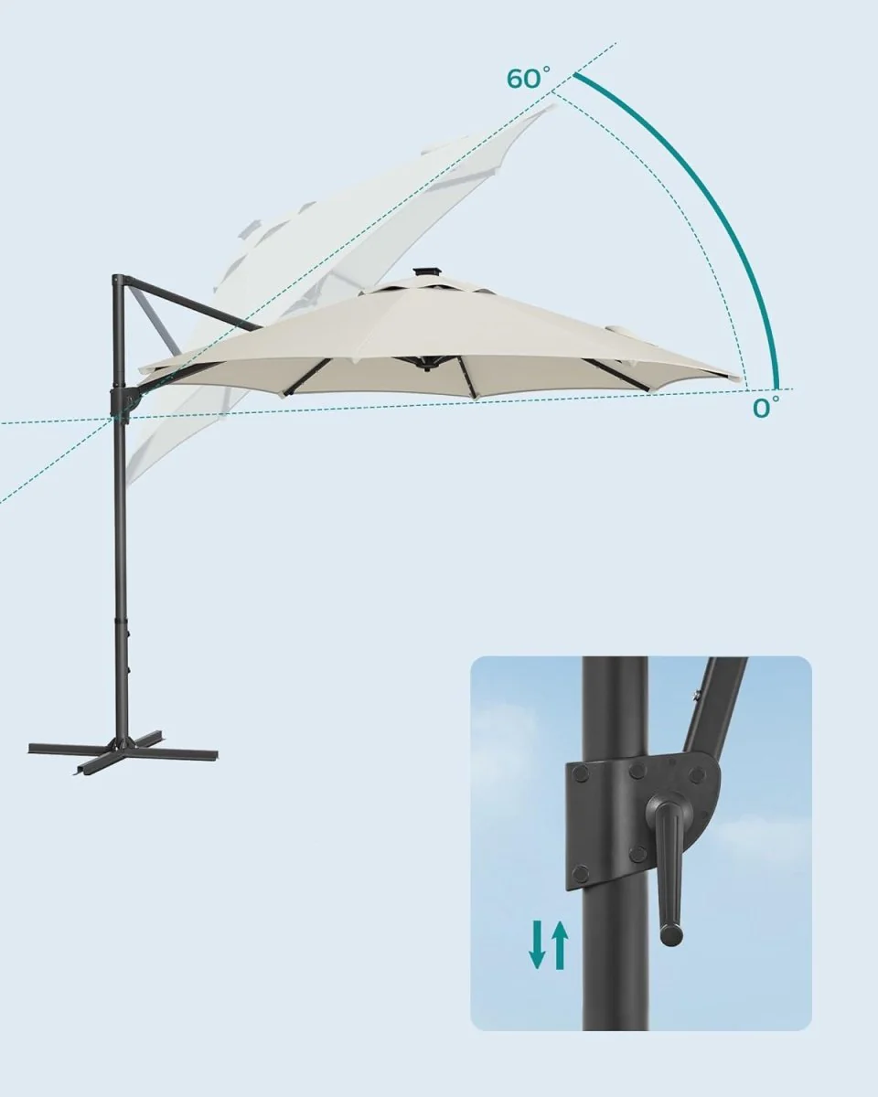 Zweefparasol 300 cm Met LED Solarverlichting – 360° Draaibaar – Traploos Kantelbaar – UPF 50+ – Met Zwengel En Kruisvoet - Image 8
