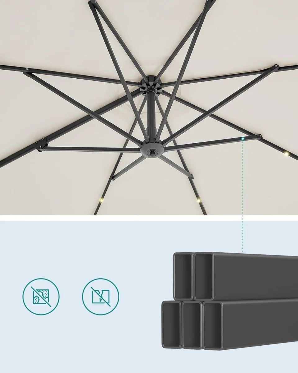 Zweefparasol 300 cm Met LED Solarverlichting – 360° Draaibaar – Traploos Kantelbaar – UPF 50+ – Met Zwengel En Kruisvoet - Image 9