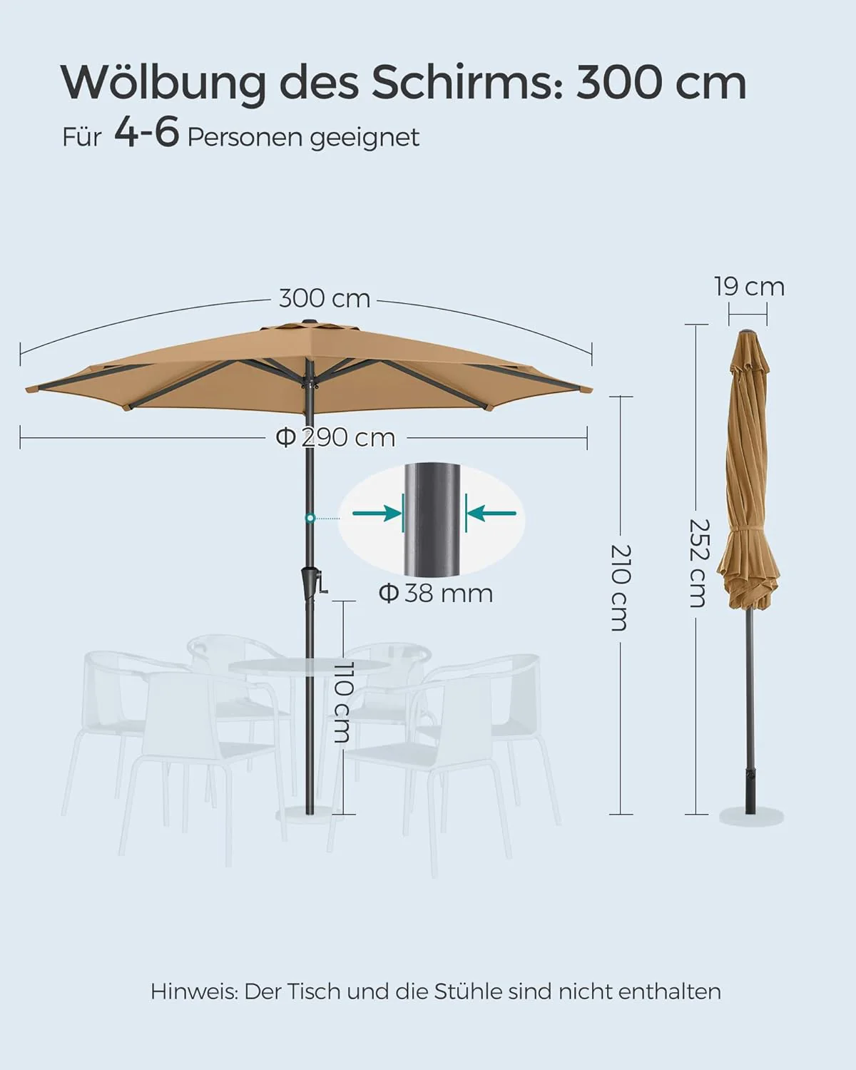 Tuinparasol – Ø 2 / 2.7 / 3 / 3.3 Meter – UPF 50+ Zonbescherming – Kantelbaar 30° – Met Zwengel – Zonder Standaard - Image 5