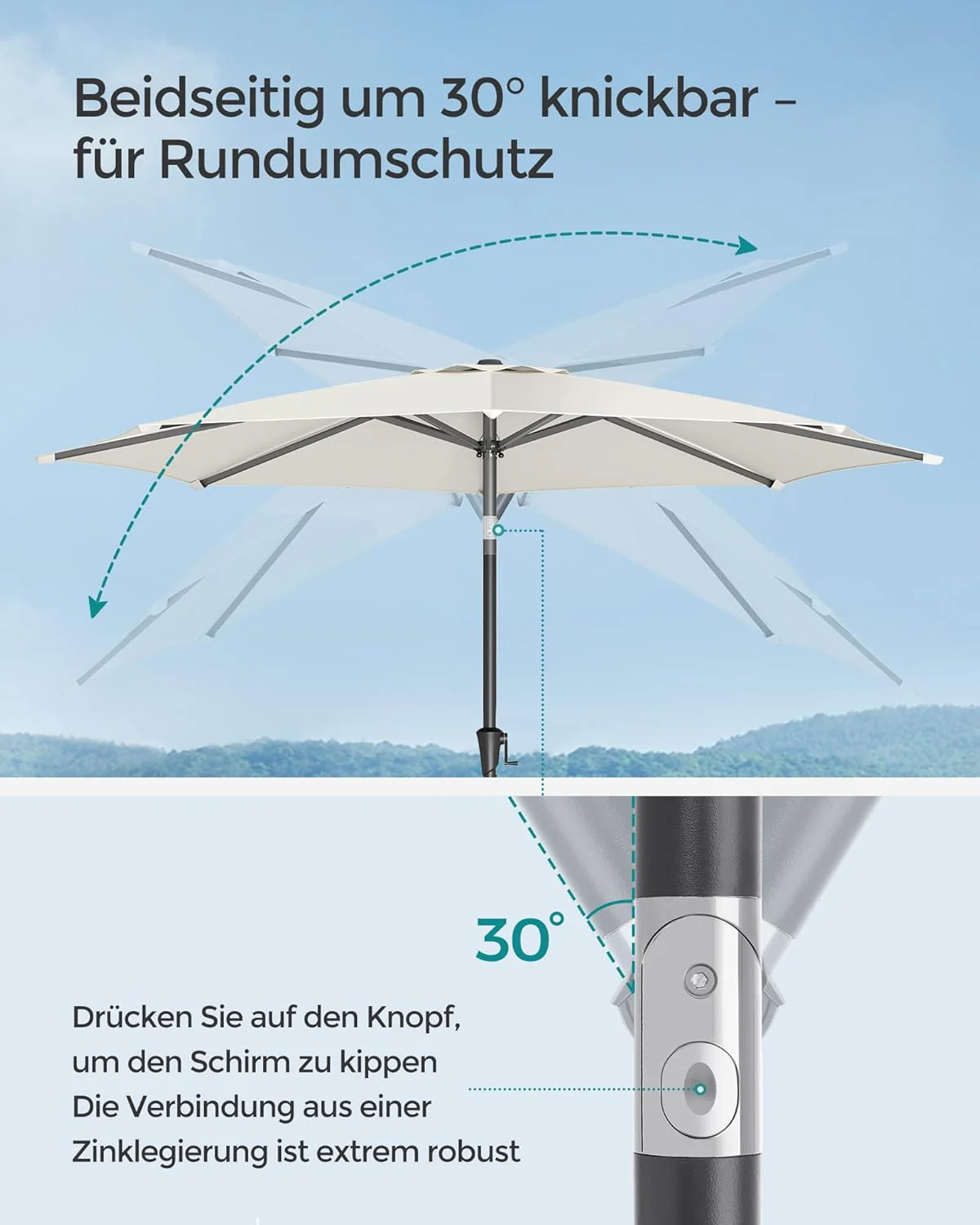 Tuinparasol – Ø 2 / 2.7 / 3 / 3.3 Meter – UPF 50+ Zonbescherming – Kantelbaar 30° – Met Zwengel – Zonder Standaard - Image 7