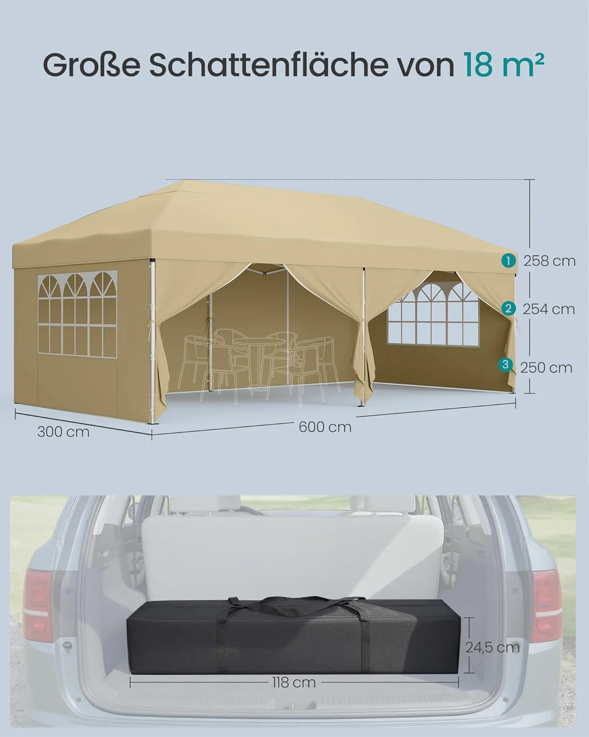 Partytent 3 x 6 m Met Zijwanden – Opvouwbaar Paviljoen – Tuinpaviljoen – Zonbescherming – Licht Regenbestendig – Draagbaar - Image 4