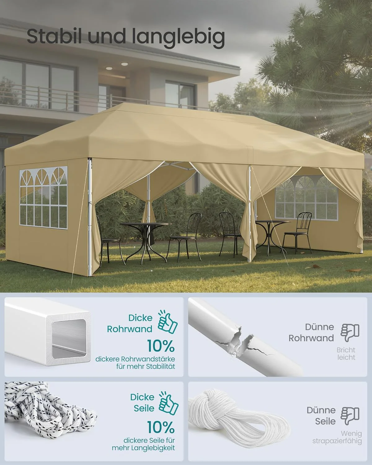 Partytent 3 x 6 m Met Zijwanden – Opvouwbaar Paviljoen – Tuinpaviljoen – Zonbescherming – Licht Regenbestendig – Draagbaar - Image 5