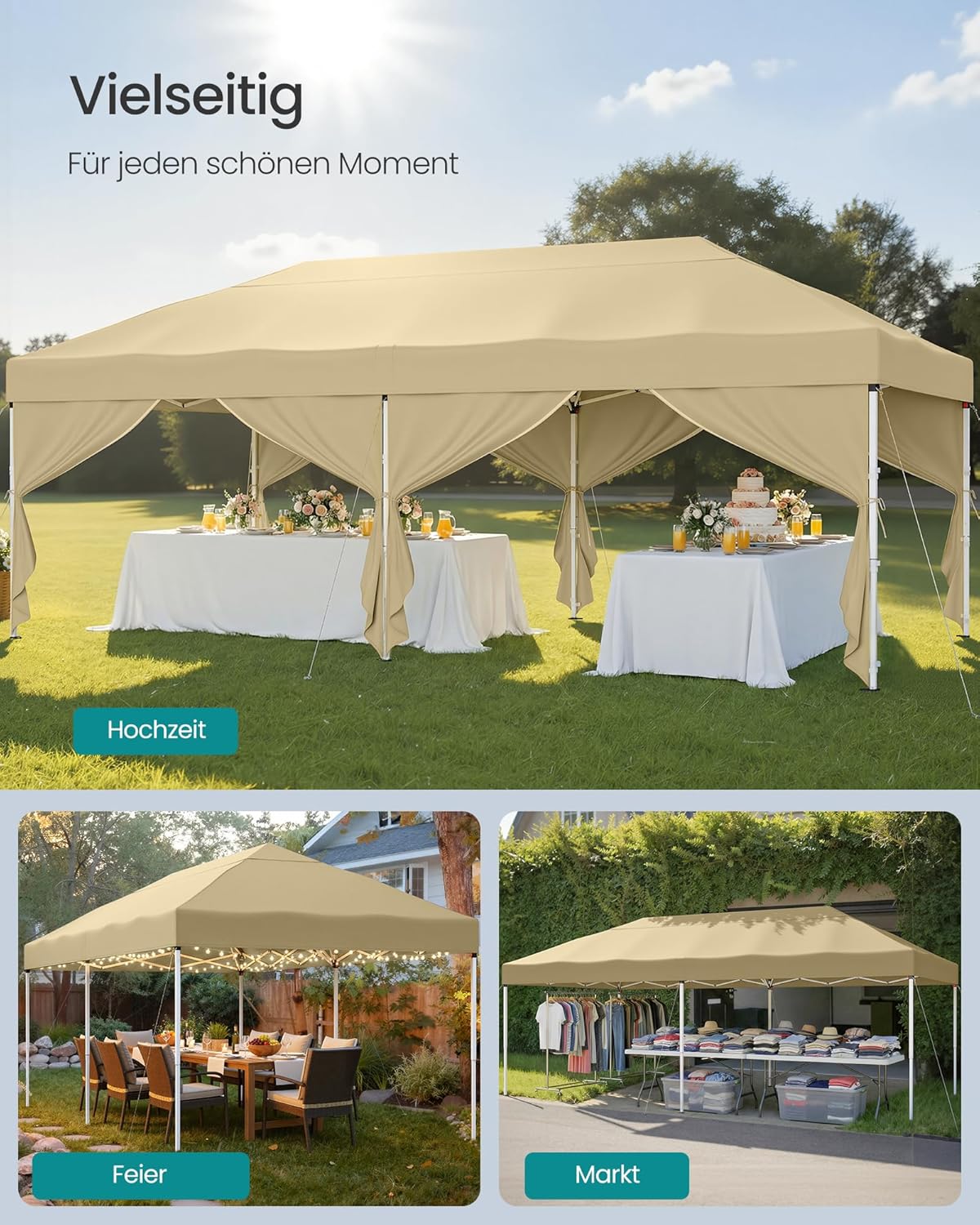 Partytent 3 x 6 m Met Zijwanden – Opvouwbaar Paviljoen – Tuinpaviljoen – Zonbescherming – Licht Regenbestendig – Draagbaar - Image 6