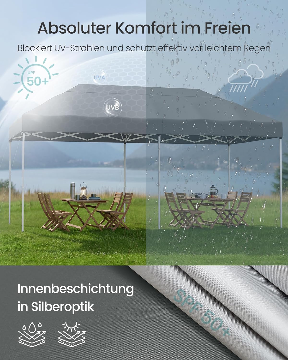 Partytent 3 x 6 m Met Zijwanden – Opvouwbaar Paviljoen – Tuinpaviljoen – Zonbescherming – Licht Regenbestendig – Draagbaar - Image 7