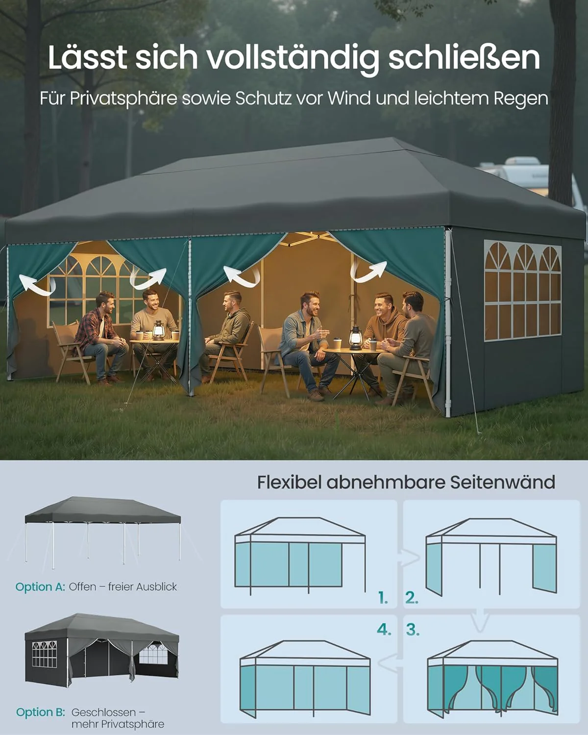 Partytent 3 x 6 m Met Zijwanden – Opvouwbaar Paviljoen – Tuinpaviljoen – Zonbescherming – Licht Regenbestendig – Draagbaar - Image 8