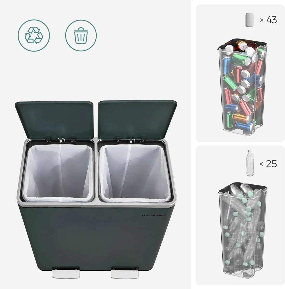 Prullenbak met 2 Vakken - 60 Liter Afvalbak Gescheiden - Pedaalemmer - Afvalscheiding - Image 6