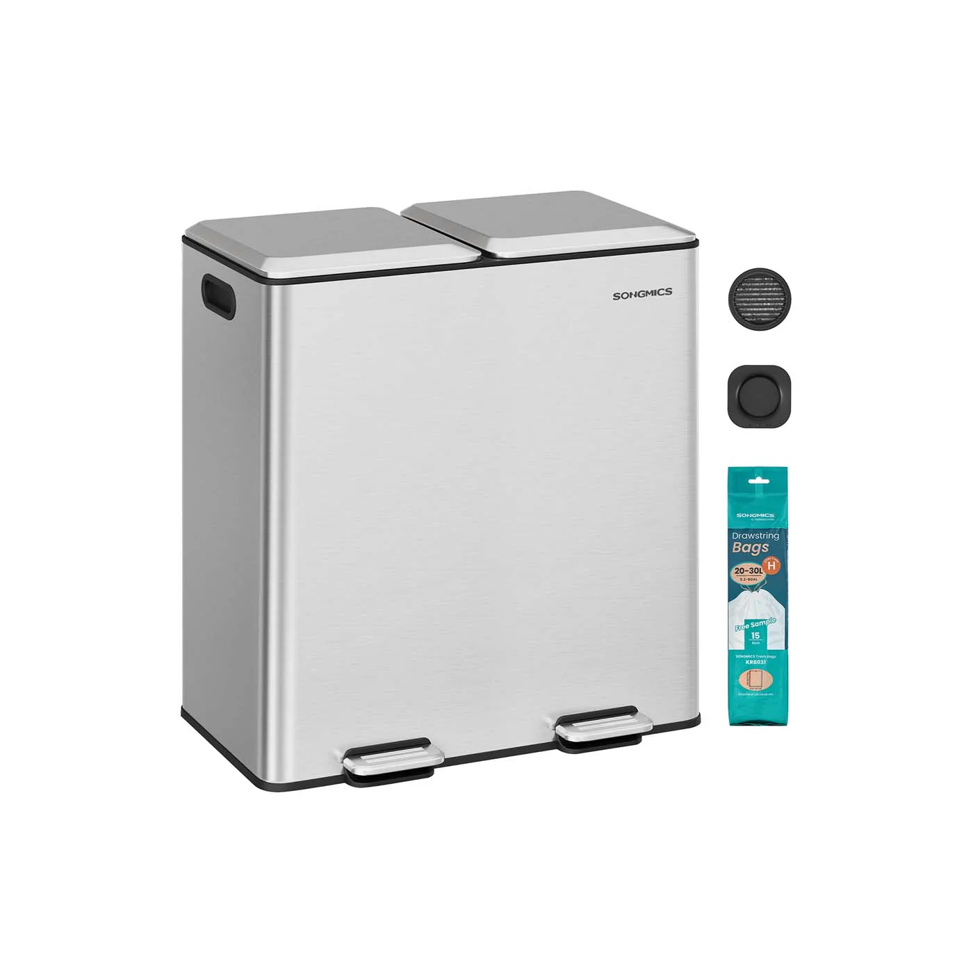 Prullenbak Met 2 Compartimenten – Pedaalbediening – Softclose Deksel – Geurfilter – 2 x 30 L – Staal - Image 2