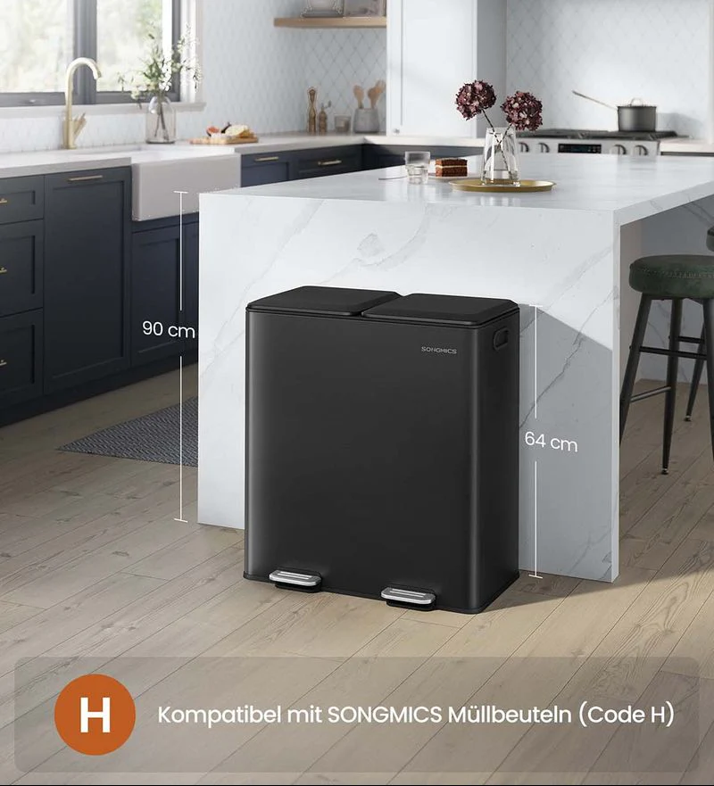 Prullenbak Met 2 Compartimenten – Pedaalbediening – Softclose Deksel – Geurfilter – 2 x 30 L – Staal - Image 4