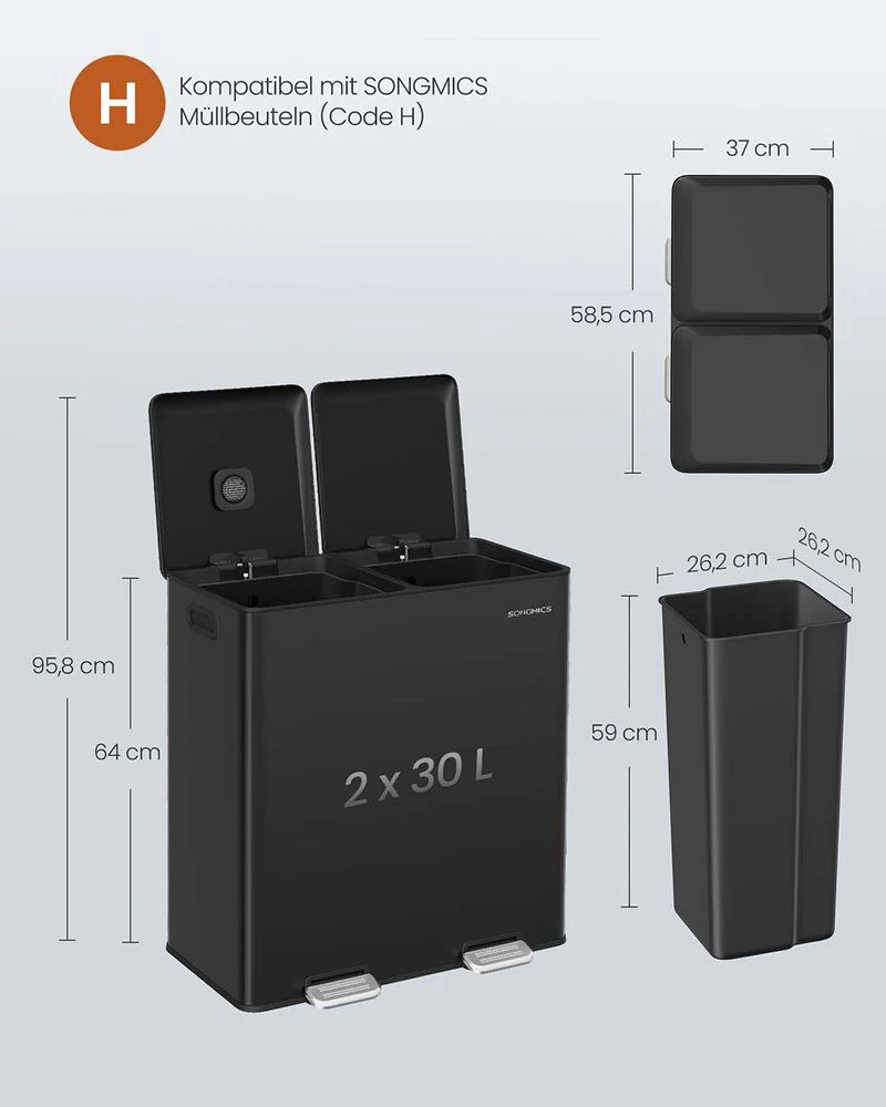 Prullenbak Met 2 Compartimenten – Pedaalbediening – Softclose Deksel – Geurfilter – 2 x 30 L – Staal - Image 8