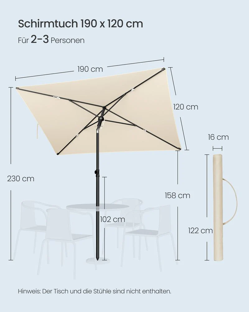Rechthoekige Parasol – Kantelbaar 30° – UPF 50+ Zonbescherming – Met Draagtas – Voor Balkon, Tuin Of Strand - Image 6