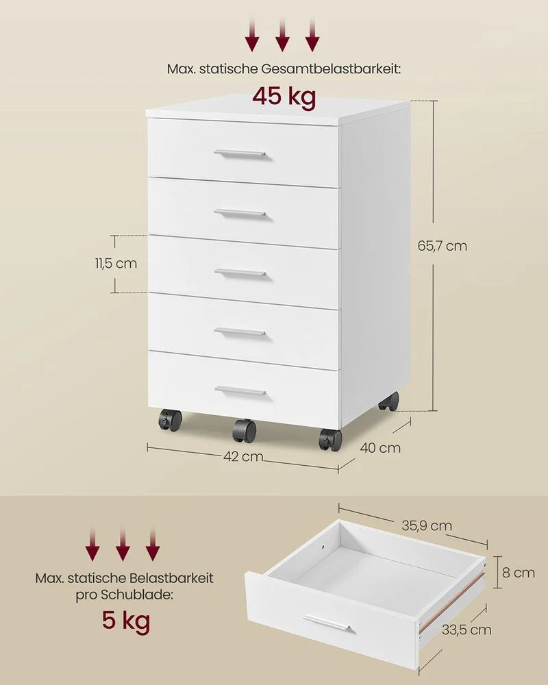 Rolcontainer met 5 Lades – 40 x 42 x 65,7 cm – Wit - Image 6