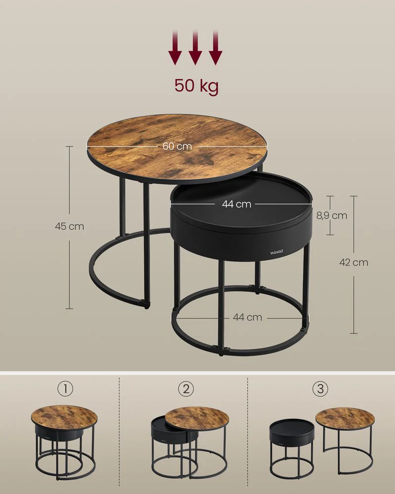 Ronde Salontafelset 2-delig – Nesttafels – Bijzettafels met Opbergruimte – Moderne Houten Tafels met Stalen Frame - Image 7