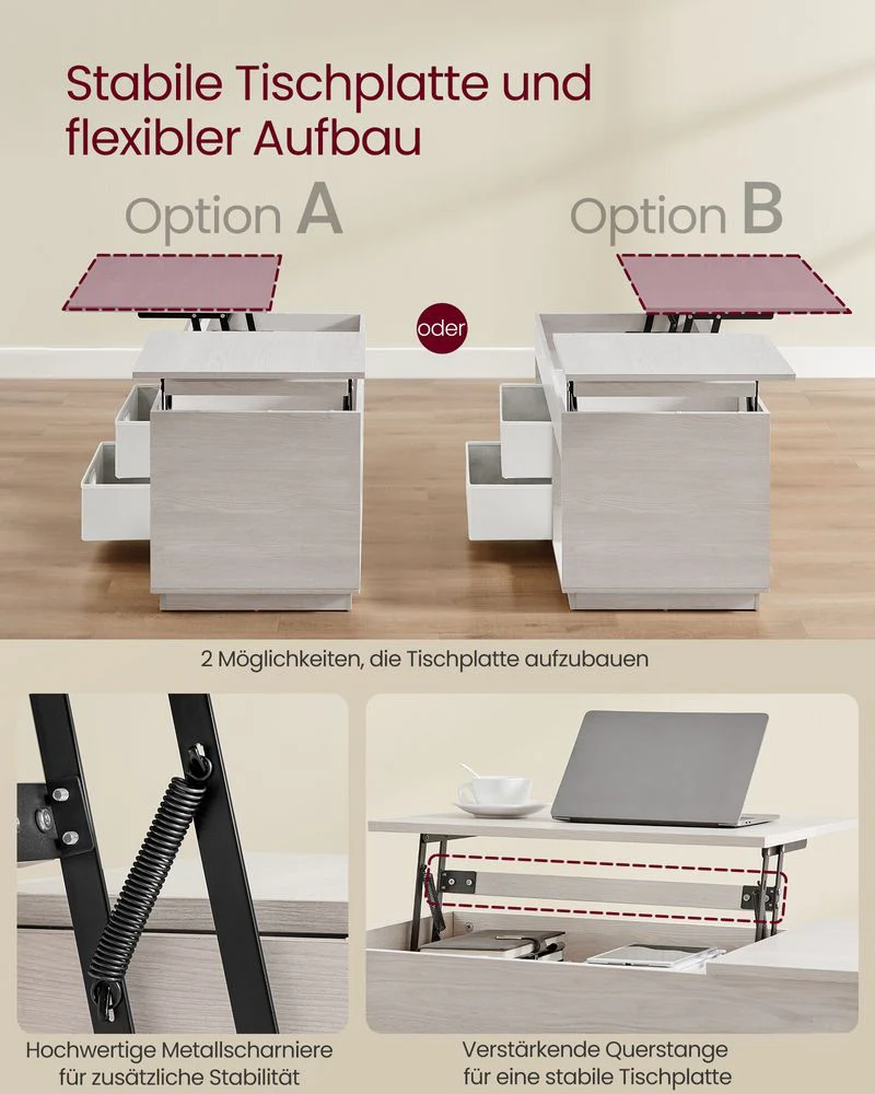 Salontafel met Lift-Top – Moderne Koffietafel met Verstelbaar Tafelblad – Verborgen Opbergruimte & Lades – 100 cm – Hout & Staal - Image 8