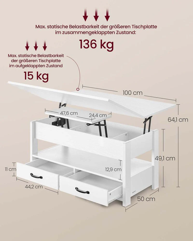 Salontafel Met Opklapbaar Blad en Verborgen Opbergruimte – Multifunctioneel, Verstelbaar en Modern Ontwerp – 100 cm Breed - Image 7