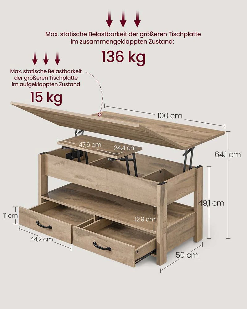 Salontafel Met Opklapbaar Blad en Verborgen Opbergruimte – Multifunctioneel, Verstelbaar en Modern Ontwerp – 100 cm Breed - Image 8