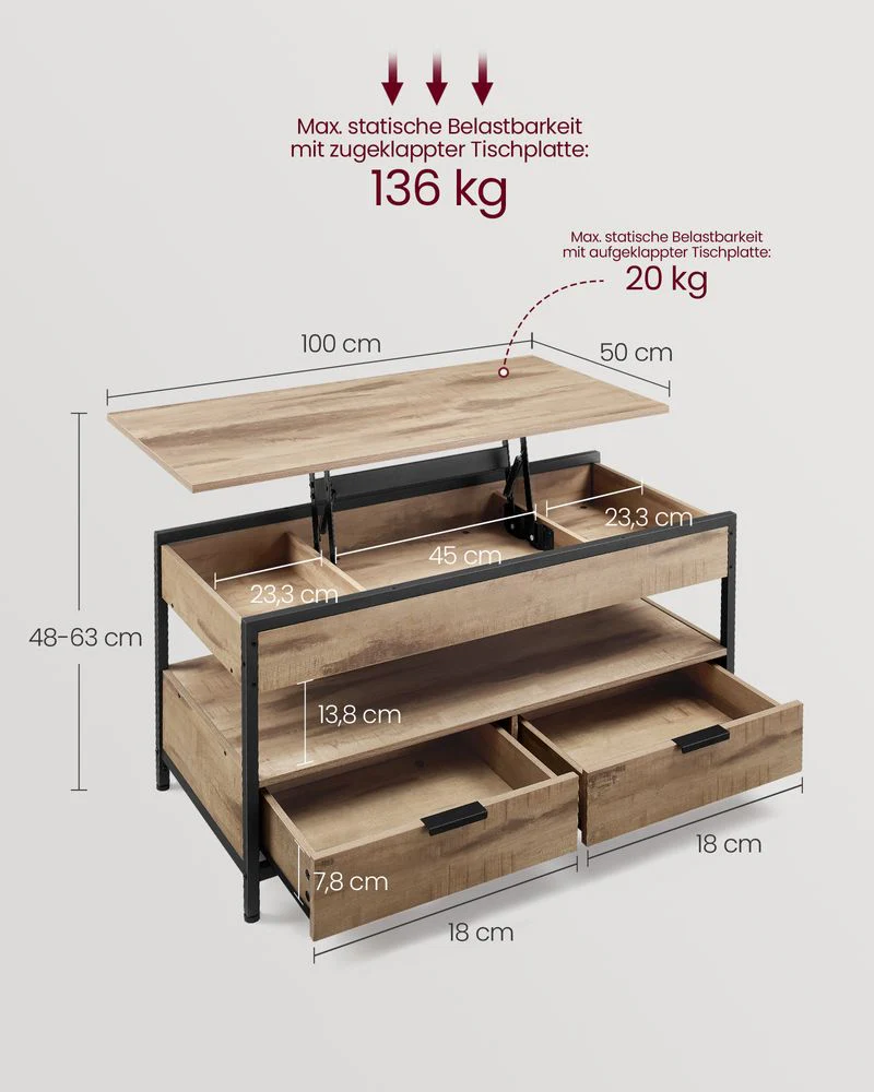 Salontafel met Verstelbaar Tafelblad – Industrieel Design – 100 cm Breed – Met Opbergruimte - Image 8