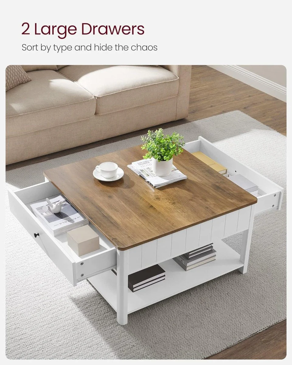 Salontafel met Lade - Bruin tafelblad - Wit onderstel - Koffietafel - 80 x 80 cm - Image 3