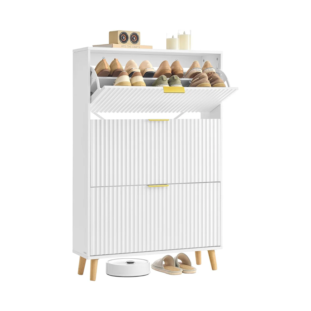 Schoenenkast Met 3 Kleppen – Mid Century Modern – Geribbelde Deuren – Voor 18-24 Paar Schoenen – Wolkenwit – 80 x 24 x 123 cm