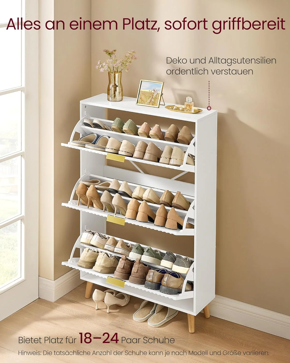 Schoenenkast Met 3 Kleppen – Mid Century Modern – Geribbelde Deuren – Voor 18-24 Paar Schoenen – Wolkenwit – 80 x 24 x 123 cm - Image 6